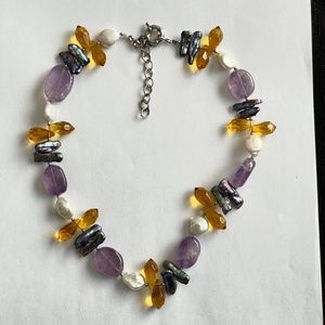 New Natural multicolored  Gemstone Necklace Amethyst, Citrin, Mother of Pearl